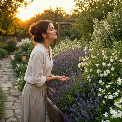 她正在花园里闻花香，享受它们的芬芳。