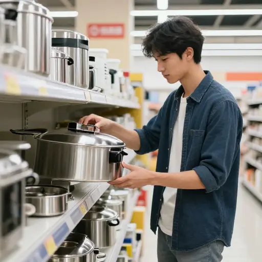 他有一份在百货商店演示厨房设备的工作。