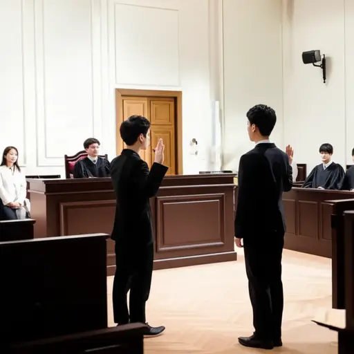 在法庭上，他举起手宣誓要说实话。