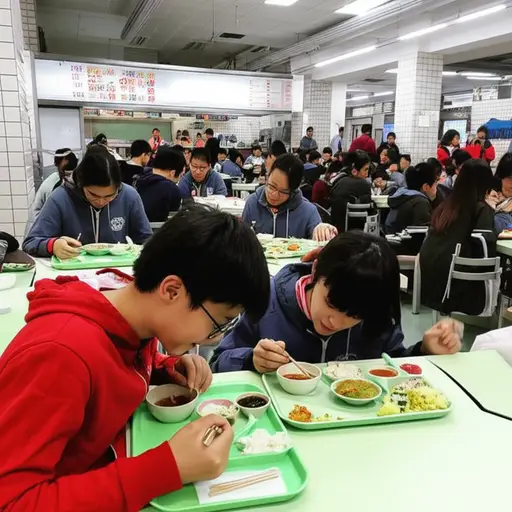 学生们在学校食堂吃午饭。