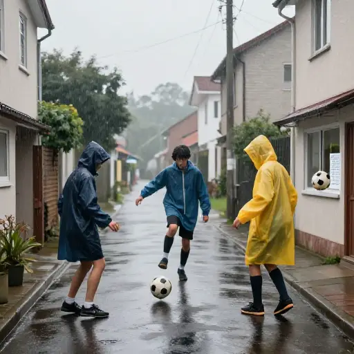 他们总是在下雨天踢足球。