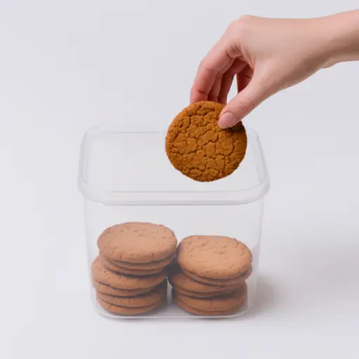 她把剩下的饼干放进了一个塑料桶里。