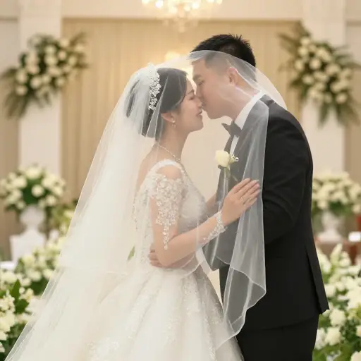 仪式结束时，他掀起她的面纱亲吻她。