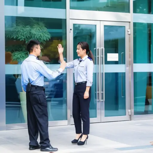 我在大楼门口跟保安打招呼。