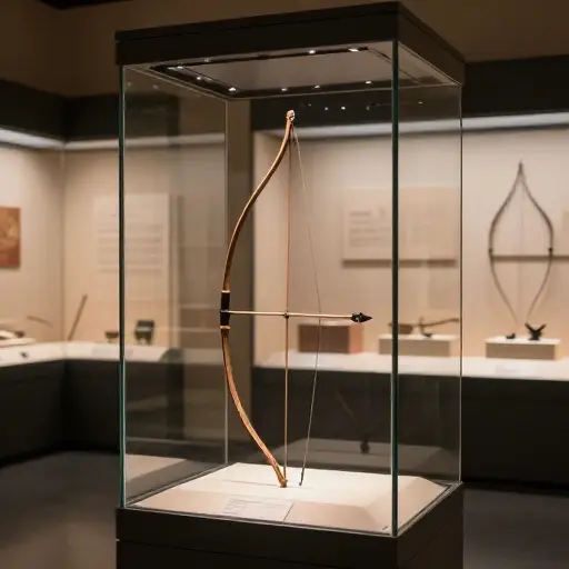 历史展览展示了各种武器，包括弓和箭。