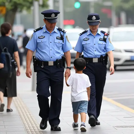 警官牵着那个迷路孩子的手领着他走。