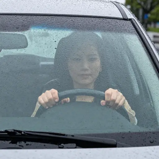 暴风雨中，她紧紧握着方向盘。