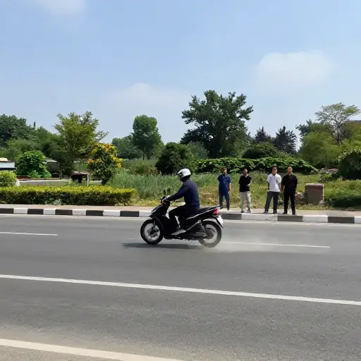 一辆摩托车在路上从我们身边飞驰而过。