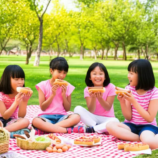 野餐时每个孩子都吃了一个法兰克福香肠。