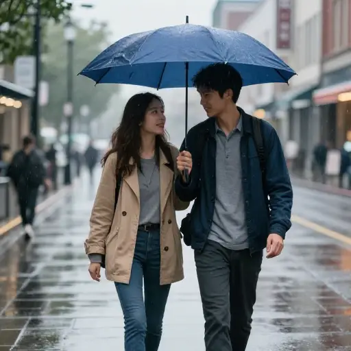 幸好我们带了伞；开始下雨了。