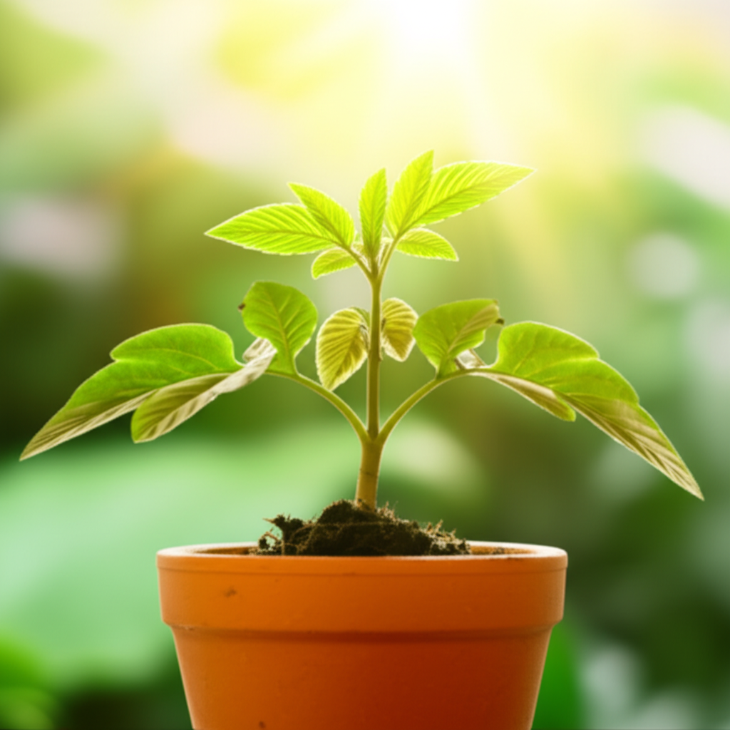 这株幼苗在阳光下茁壮成长。