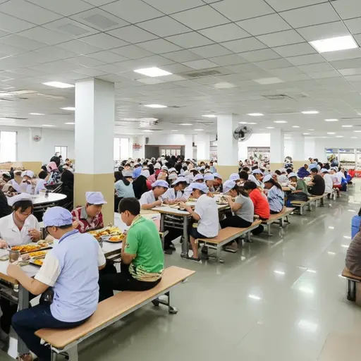 这家工厂的食堂很大，可以容纳很多人。