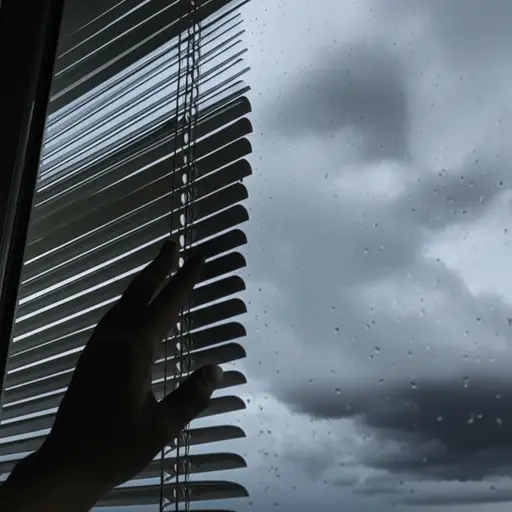 暴风雨来临时，我们赶紧关上了窗户的百叶窗。