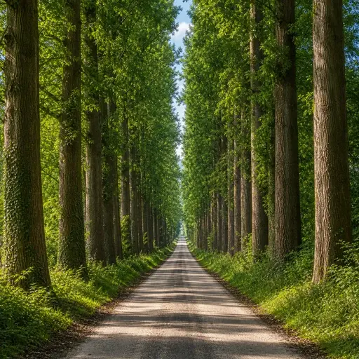 高大的树木长在狭窄道路的两侧。