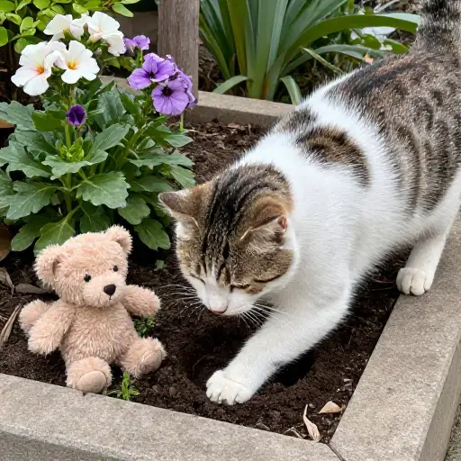 那只猫把它最心爱的玩具埋在了花坛里。