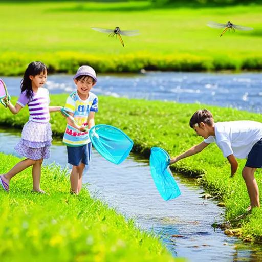 孩子们喜欢在小溪边捉蜻蜓。