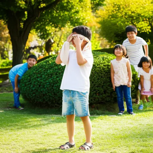 孩子们在玩捉迷藏时用布条蒙上眼睛。