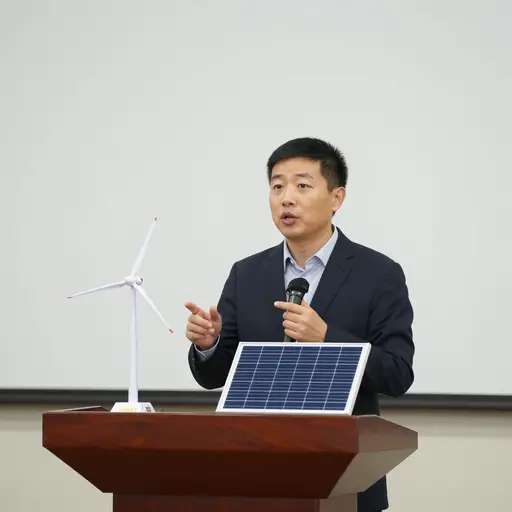 演讲者在谈论气候变化时，简短地偏离主题讨论了一下新能源技术。