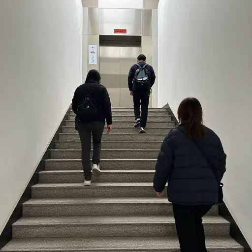 电梯坏了，所以我们不得不爬一段楼梯。