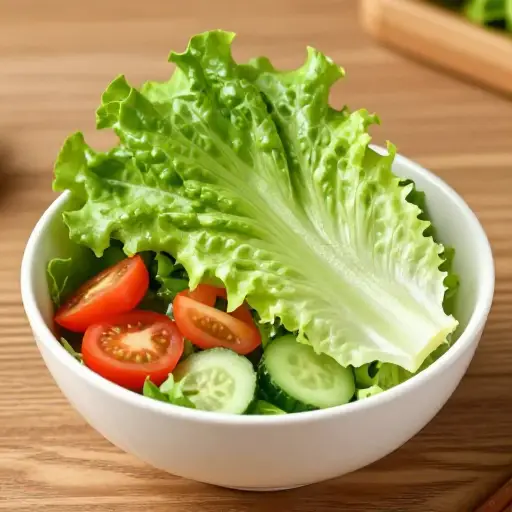 我在沙拉上加了一片新鲜的生菜叶。