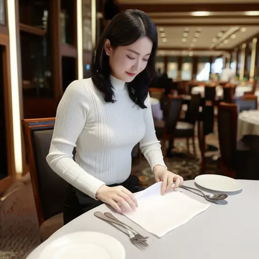 她正在折叠餐巾纸，准备晚餐。