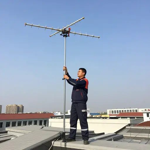 技术员把新天线安装在屋顶上以获得更好的信号接收。