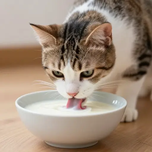 小猫迅速地舔了一下牛奶碗的边缘。