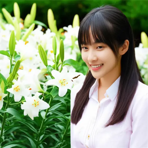 她的笑容像百合花一样纯洁无瑕，散发着纯真与美丽。