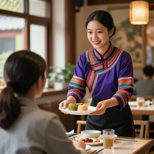 服务员穿着民族服装，非常友善。