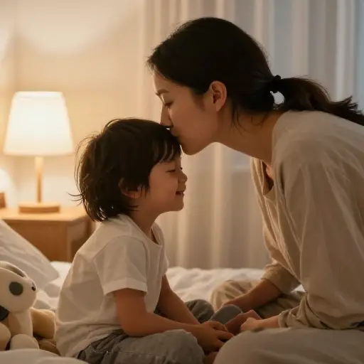 妈妈在孩子额头轻轻啄了一下，道晚安。