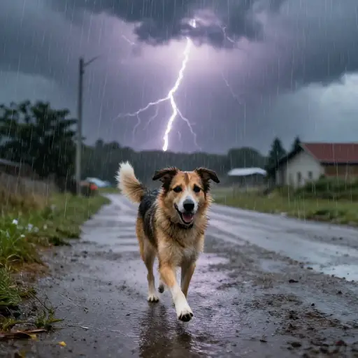 那只狗在雷雨中跑掉了。