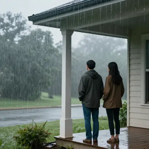 我们在门廊下避雨。