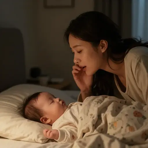 她用低沉的声音说话，以免吵醒婴儿。