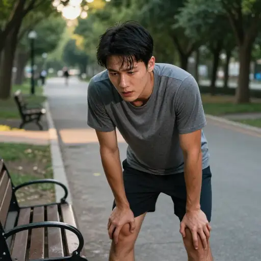 他气喘吁吁，因为刚才一直在跑步。