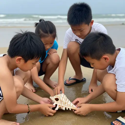 孩子们被退潮后留在海螺里的那一点点水吸引住了。