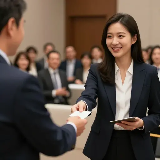 在社交活动上，她确保抓住机会与主讲人交换了名片。