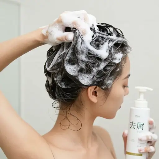 我姐姐用去屑洗发水洗头发。