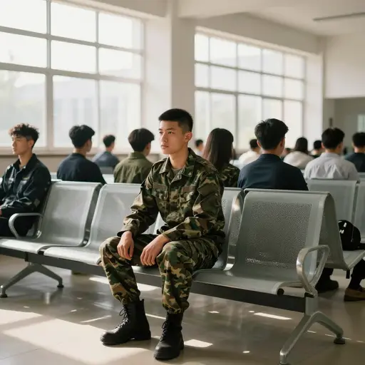这名年轻士兵面无表情地坐在新兵处理中心里，没有流露任何内心的焦虑。
