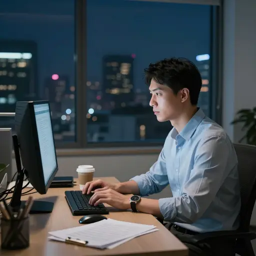他每晚工作到九点，这还不包括他周末做的工作。