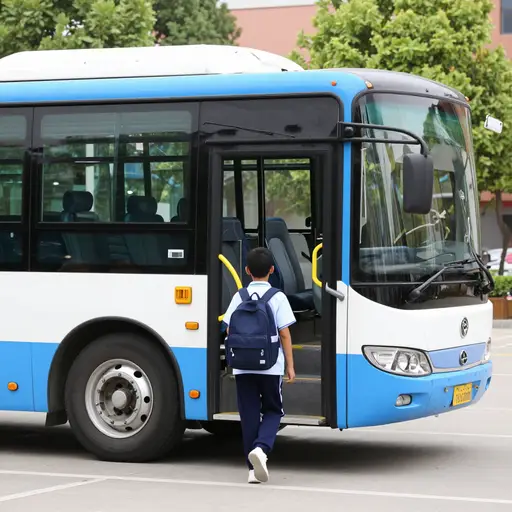 他坐公交车来上学。