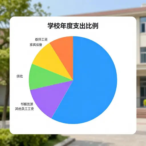 显示学校年度支出明细的饼图考虑了花在保险、教师工资、家具和设备、资源如书籍以及其他工人工资上的钱。
