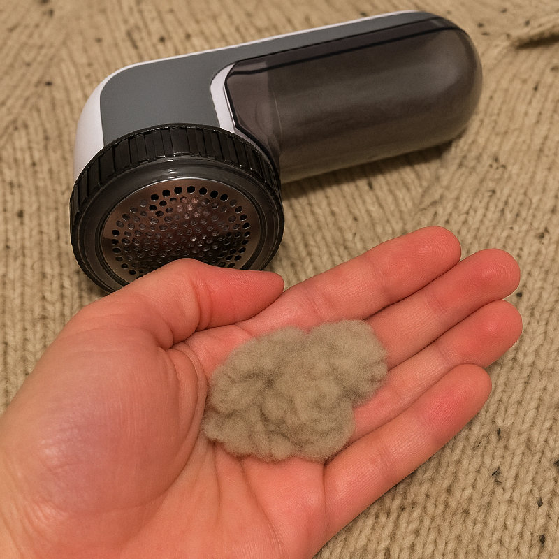 他用去毛器清理毛衣上的绒毛。