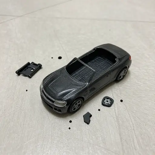 玩具车摔到地上时散架了。