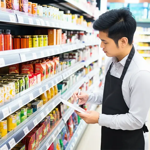 店主正在盘点货架上的商品。