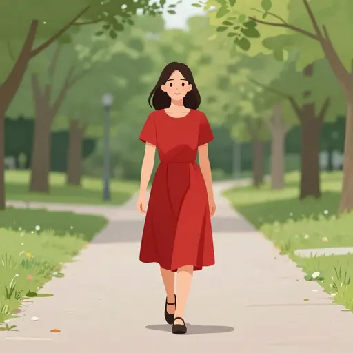 那位年轻女士穿着一条红裙子。