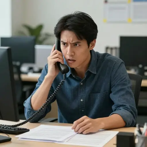 他反复给办公室打电话，希望他能找到丢失的包裹。