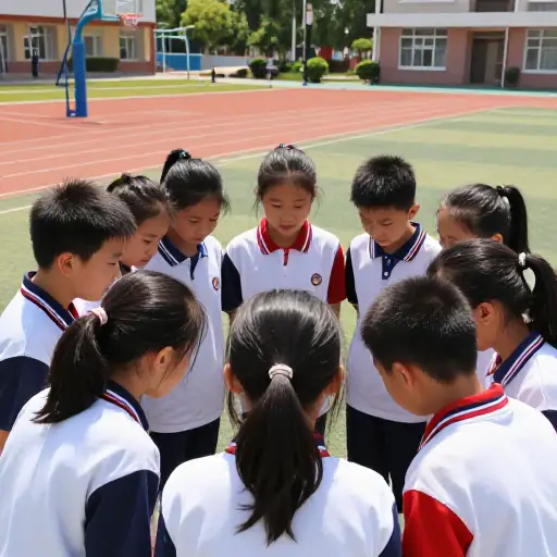 孩子们在操场上围成一团讨论游戏规则。