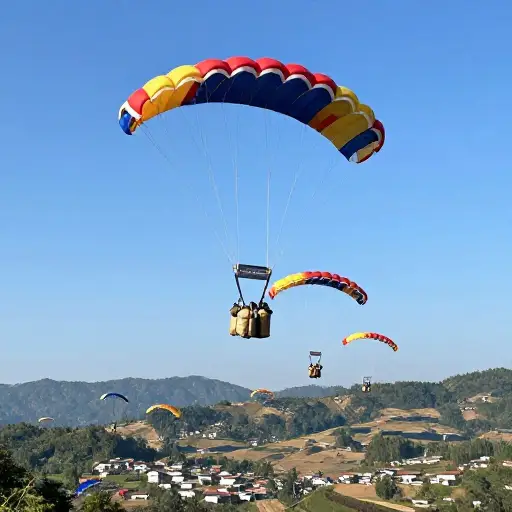 他们用降落伞向偏远村庄空投物资。