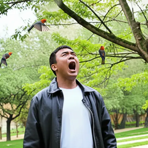 公园里那个大声吆喝的人总是吓跑小鸟。