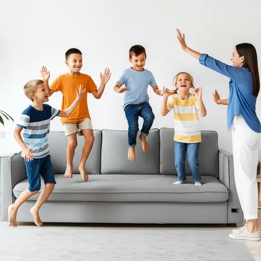 孩子们在沙发上蹦蹦跳跳直到妈妈喊停。